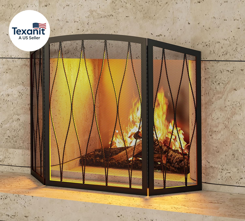 Childproof Fireplace Screen 3- Panel Modern Handcrafted Wrought Iron Foldable Me