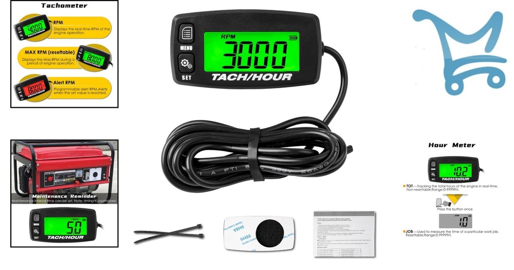 Digital Tachometer Hour Meter Waterproof Backlit Battery Replaceable for Engines