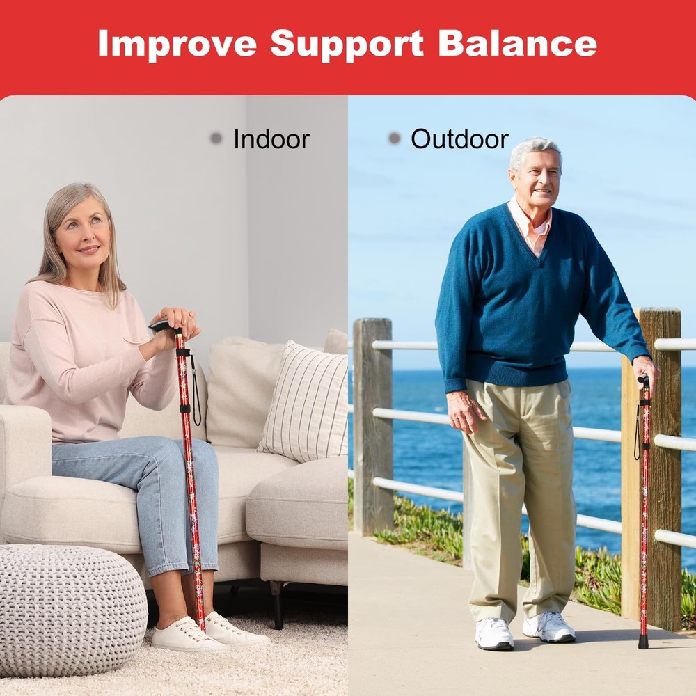 Folding Cane, Portable 5-Level Adjustable Height Walking Stick with Foldable ...