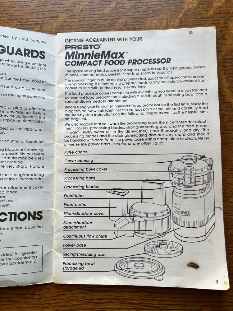 Presto Minnie Max Compact Food Processor Replacement Instruction Book Manual
