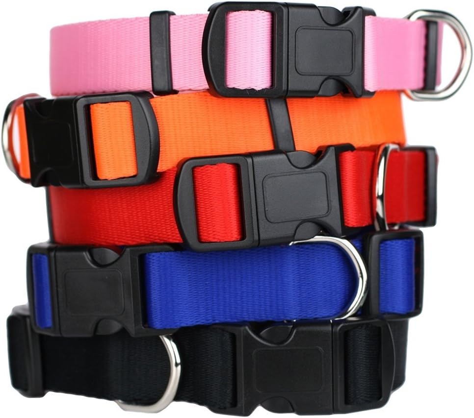 Dog Collars, Durable Solid Nylon Dog Collars in 5 Color Options and 4 Adjustable