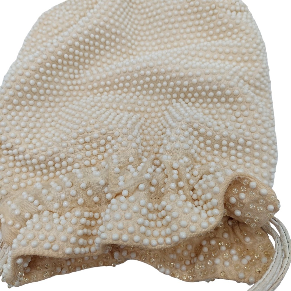 Beaded Purse With Pull String Closure Cream Colored Reversible