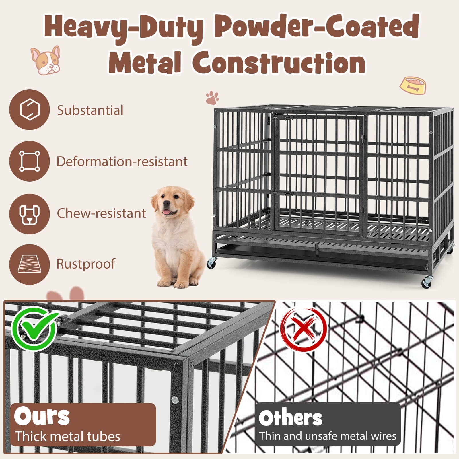 48" Foldable Heavy-Duty Metal Dog Cage W/ Lockable Rolling Casters Black
