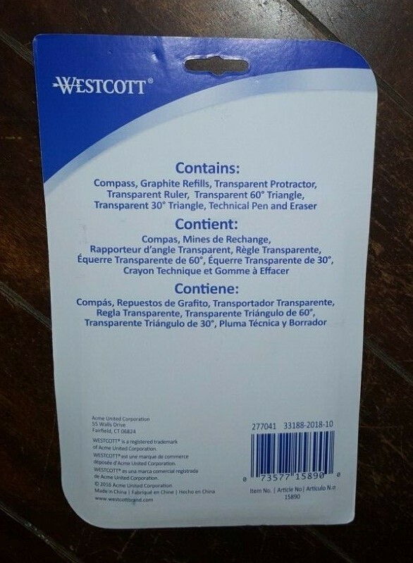 Westcott 8pc. Math Set: Compass/Refills/Protractor/Ruler/Triangles/Pen & Eraser!