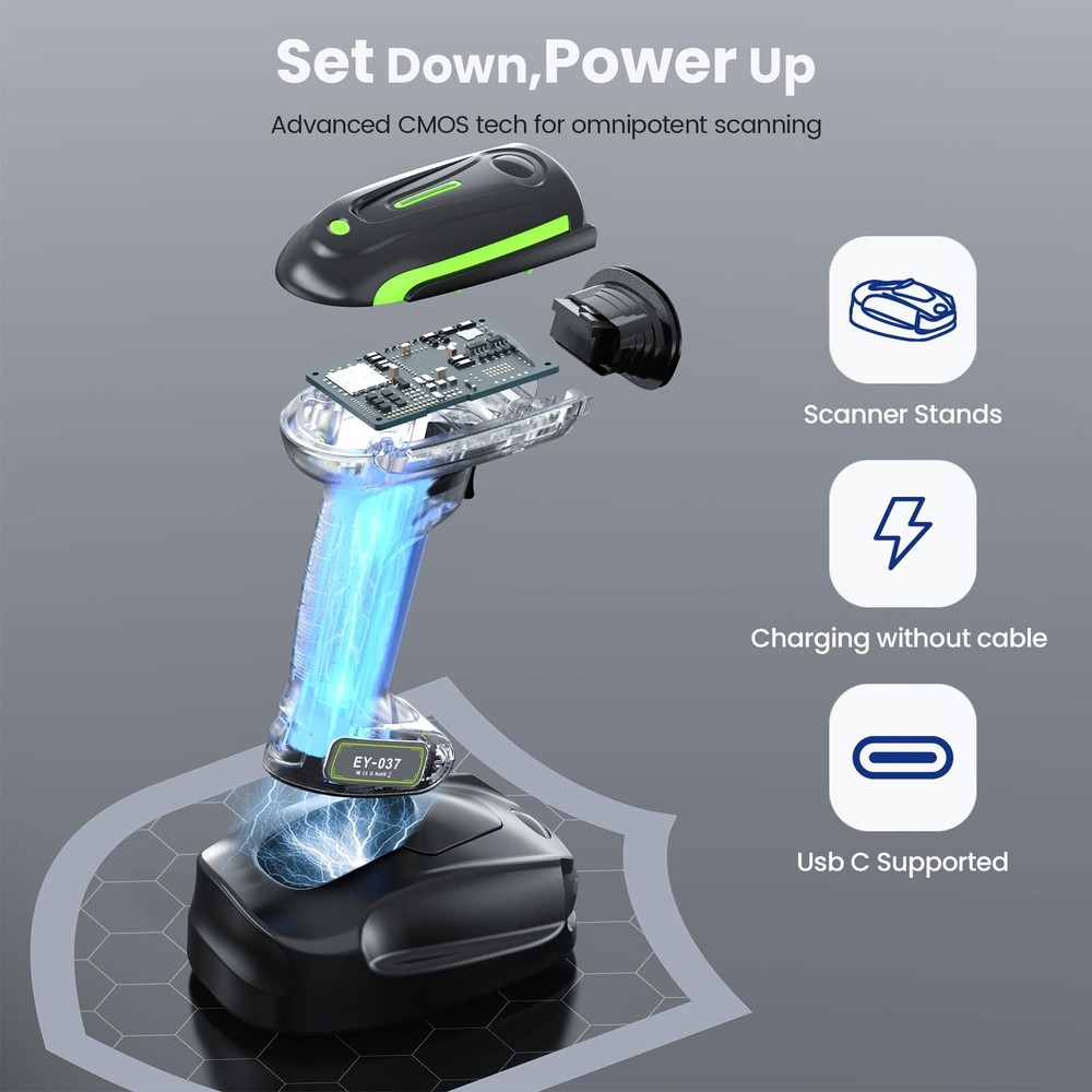 2D QR Industrial Barcode Scanner with Wireless Charging Stand, Rugged Heavy D...