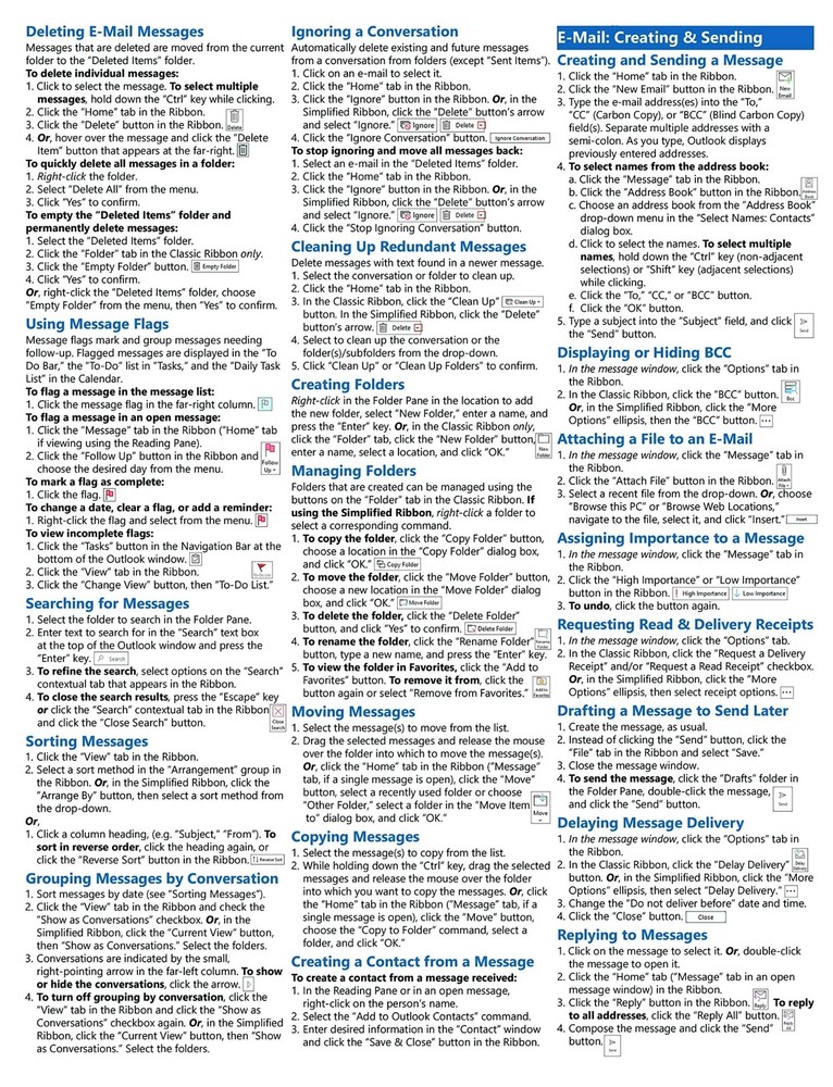 Outlook 2021 & 365 Training Guide Quick Reference Card Cheat Sheet Instructions