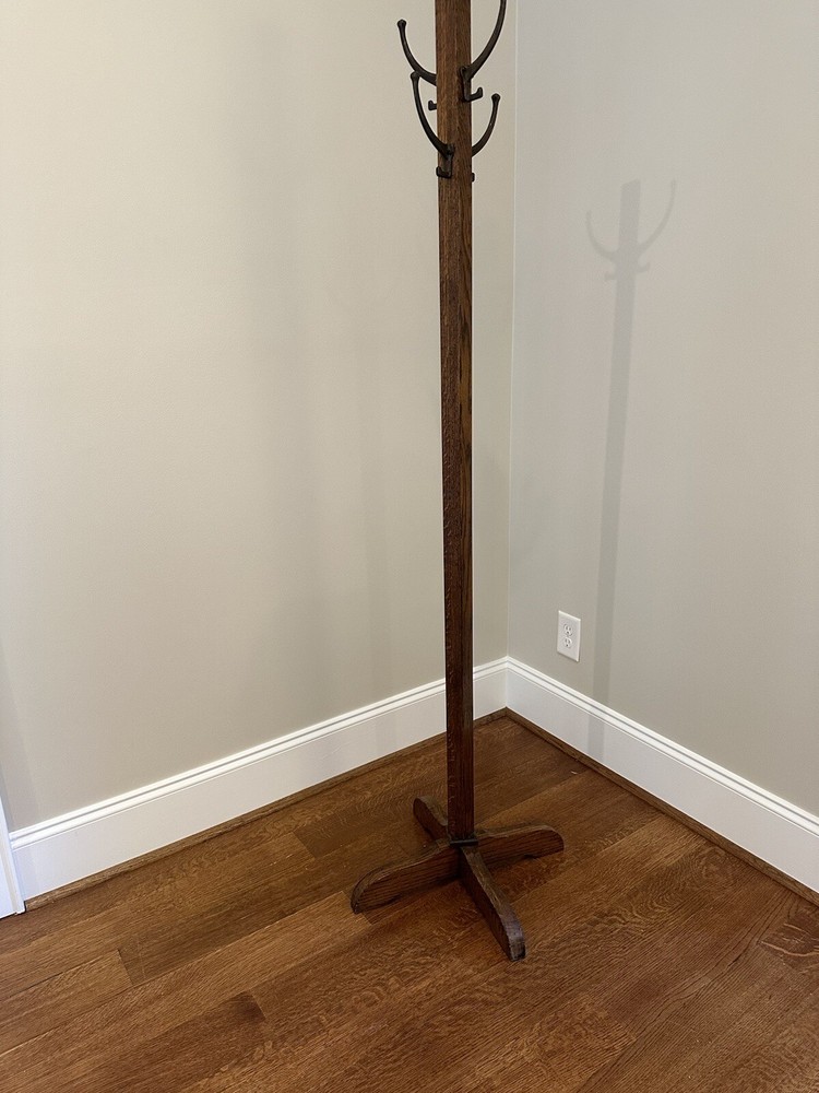 Antique, Solid Quarter Sawn Oak, Coat Hat Rack / Stand, Deep Color, Brass Hooks