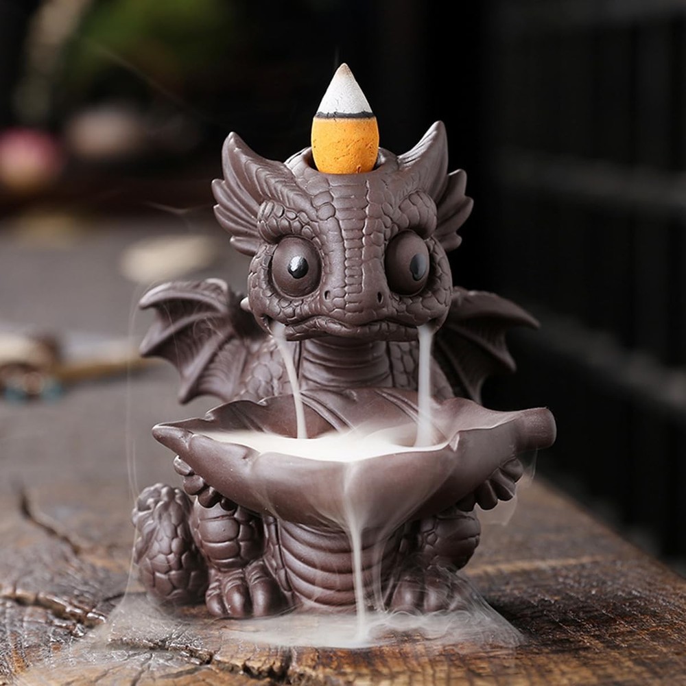 Ceramic Dragon Incense Burner, Cute Dinosaur Backflow Holder Brown
