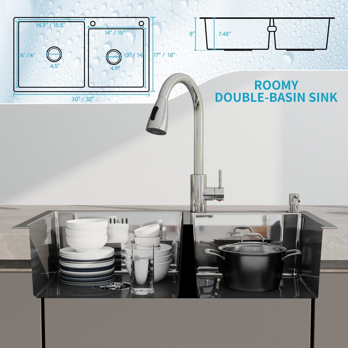 Stainless Steel Kitchen Sink 30" 32" Drop In Top Mount Double Bowl with Faucet
