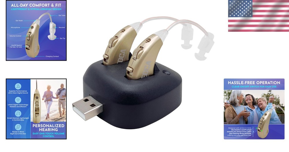 Compact Rechargeable BTE Hearing Amplifiers - Stylish Gold with Easy Control