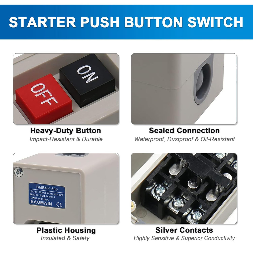 Baomain Self-Locking Push Button Switch 3-Phase 30A 3.7KW, Industrial 3-Pole Hea