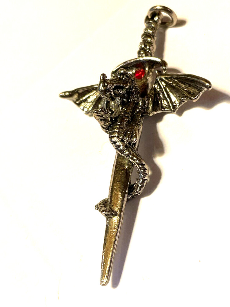 Pendant - Flying Dragon on Dagger with red stone