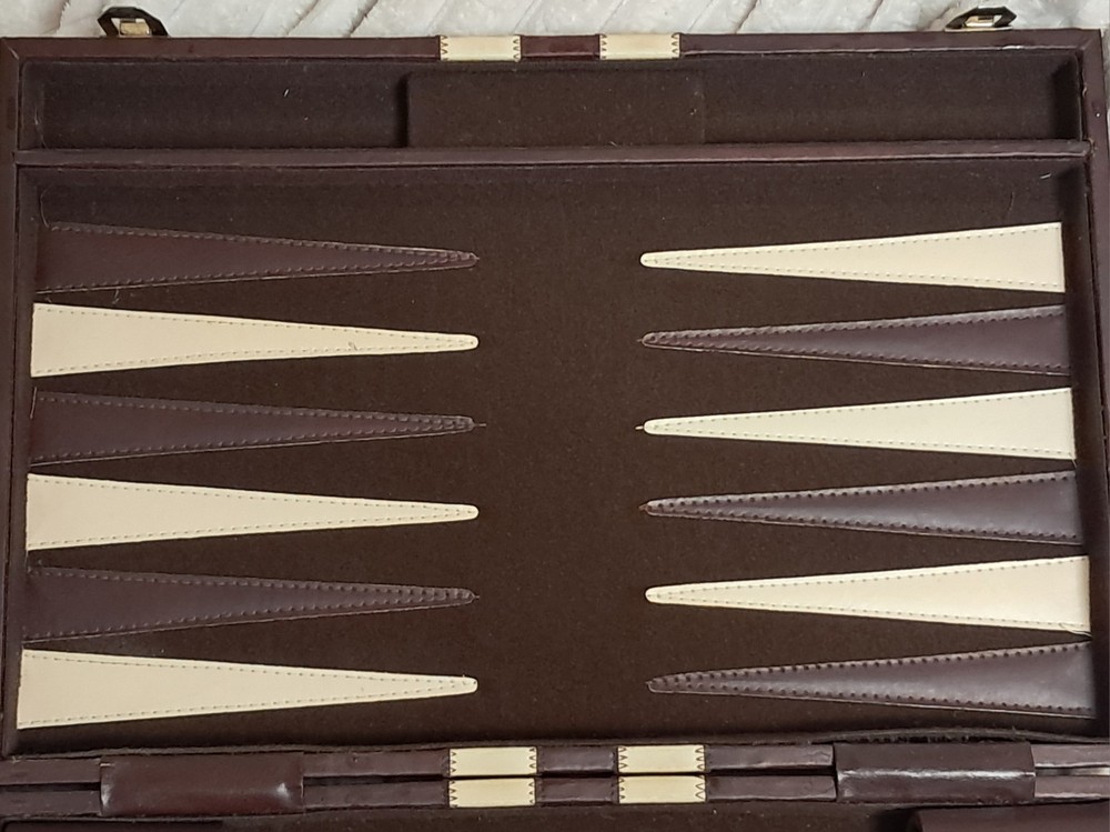 Bakelite Backgammom Gaming Set Complete Leather Bound Stitched
