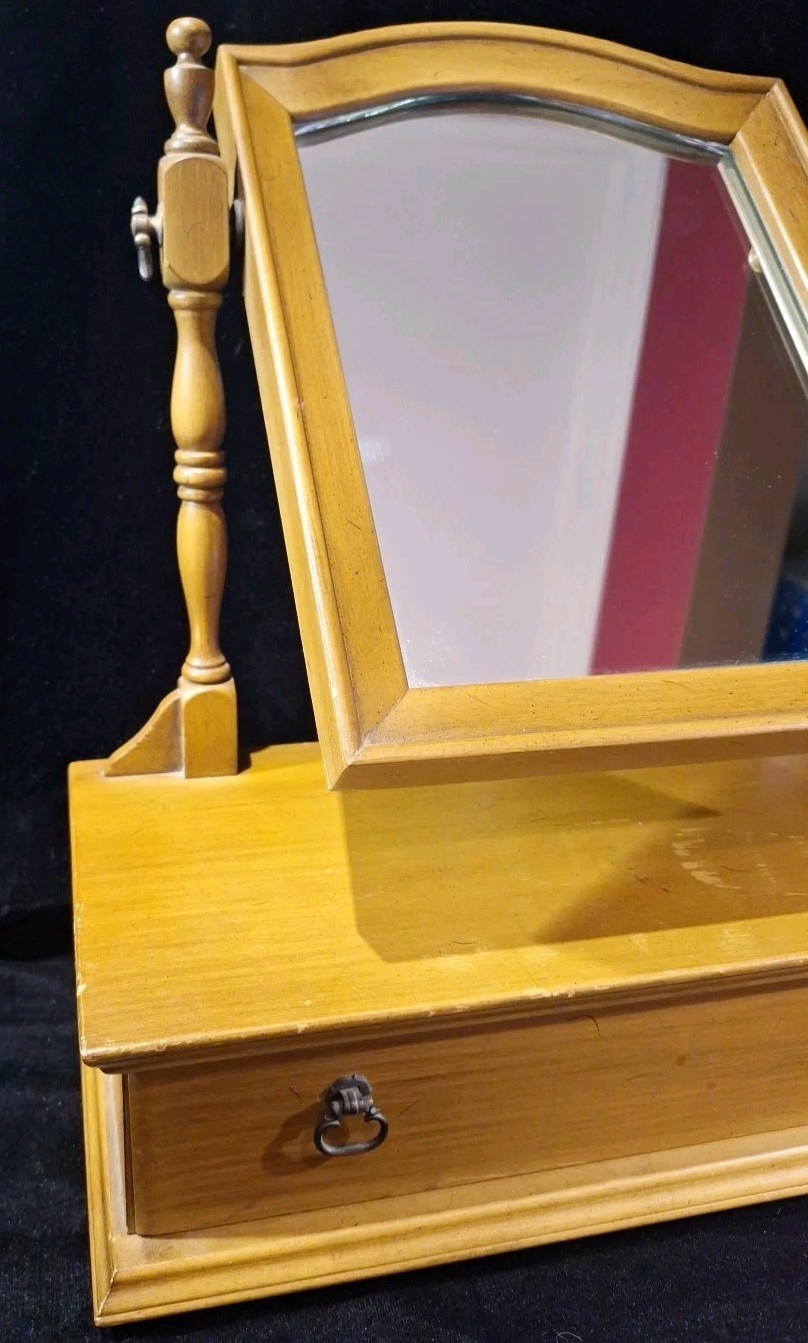Antique Wood Tabletop Vanity Dressing Table Swivel Mirror with Storage Drawer