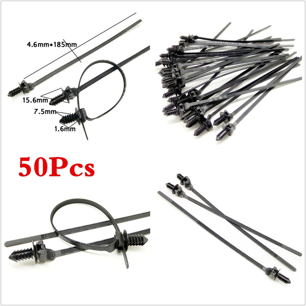 Car Mount Wire Tie Nylon Push Mount Cable Zip Tie Strap Fastener Bundle 50Pcs