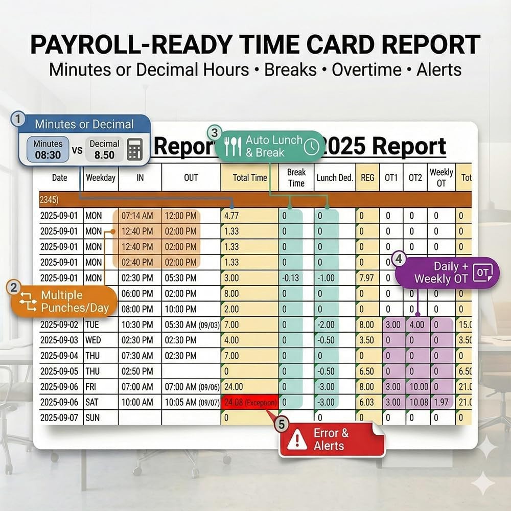 App-Based Time Clock, 5s Setup，Multi-Punch Daily, Auto Break, Lunch & Overtime R