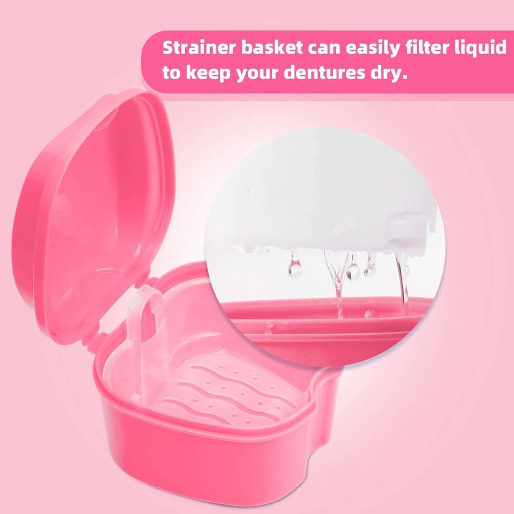 Annhua Denture Retainer Container Case Cleaning,Denture Bath Box False Pink