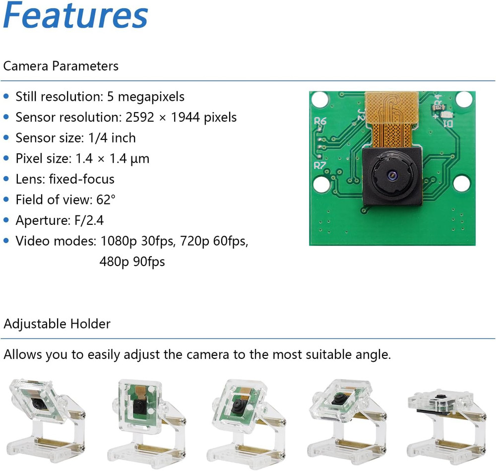 5MP Camera for Raspberry Pi 5 4 B 3 B+ A+ Zero 2 W with Adjustable Holder and Ri