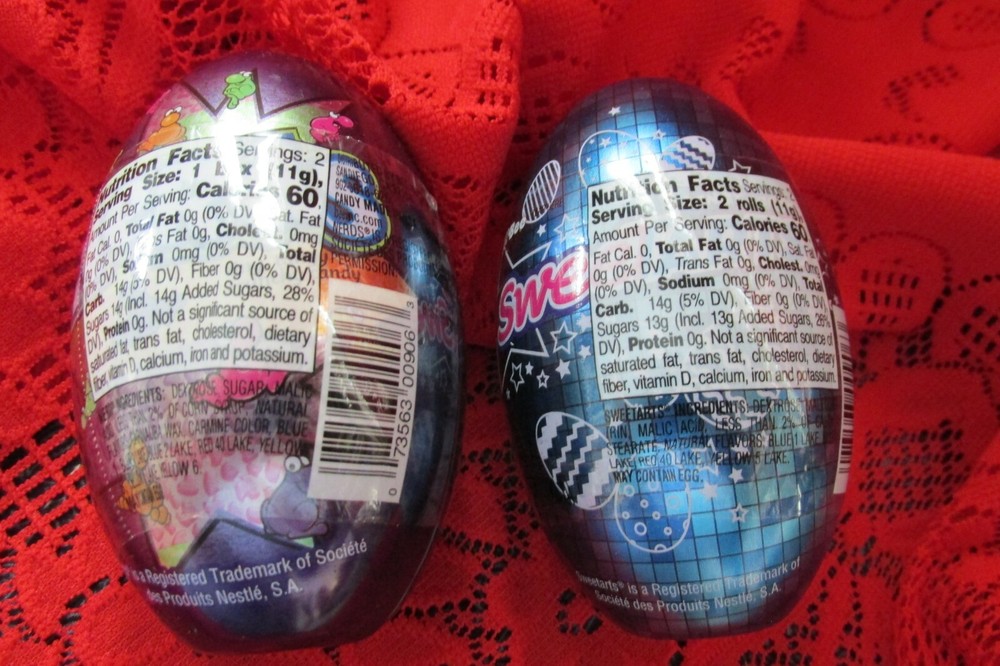 2 Tin Easter Egg Candy Containers w/candy, Sweet Tarts & Nerds, sealed
