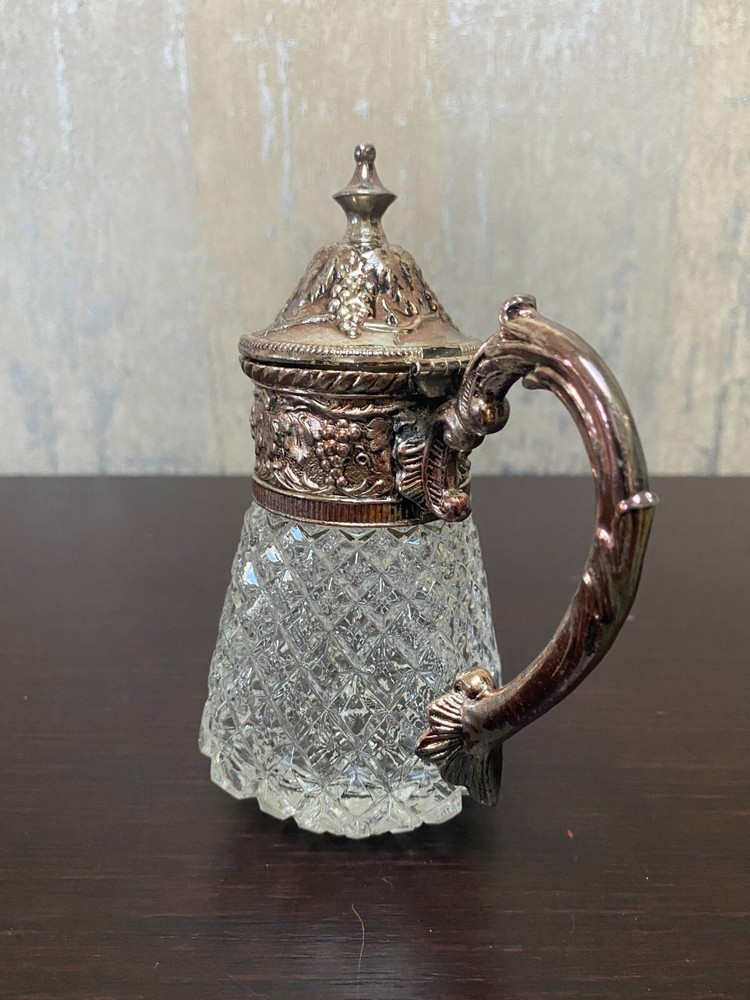 Silver Plated Lion Head Syrop Pitcher Diamond Pattern Pressed Glass Japan