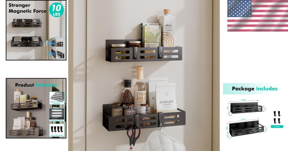 Sleek Black Magnetic Spice Storage Rack - Includes Hooks for Extra Convenience