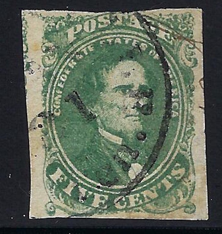 Confederate States, 1861, Scott #1, Five Cents Dull Green, Used