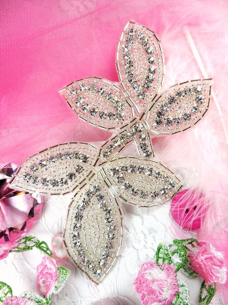 JB5 ~ Crystal Clear Silver Beaded Rhinestone Applique~
