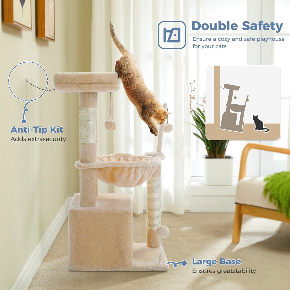 33" Cat Tree Tower with Large Top Perch & Hammock - Beige Cat Scratching Post