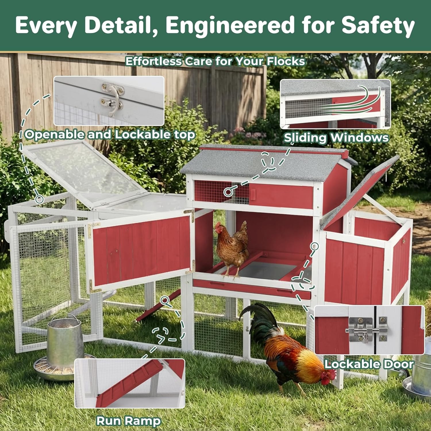 PETSCOSSET Outdoor Chicken Coop, Large Chicken House with Nesting Box, Red