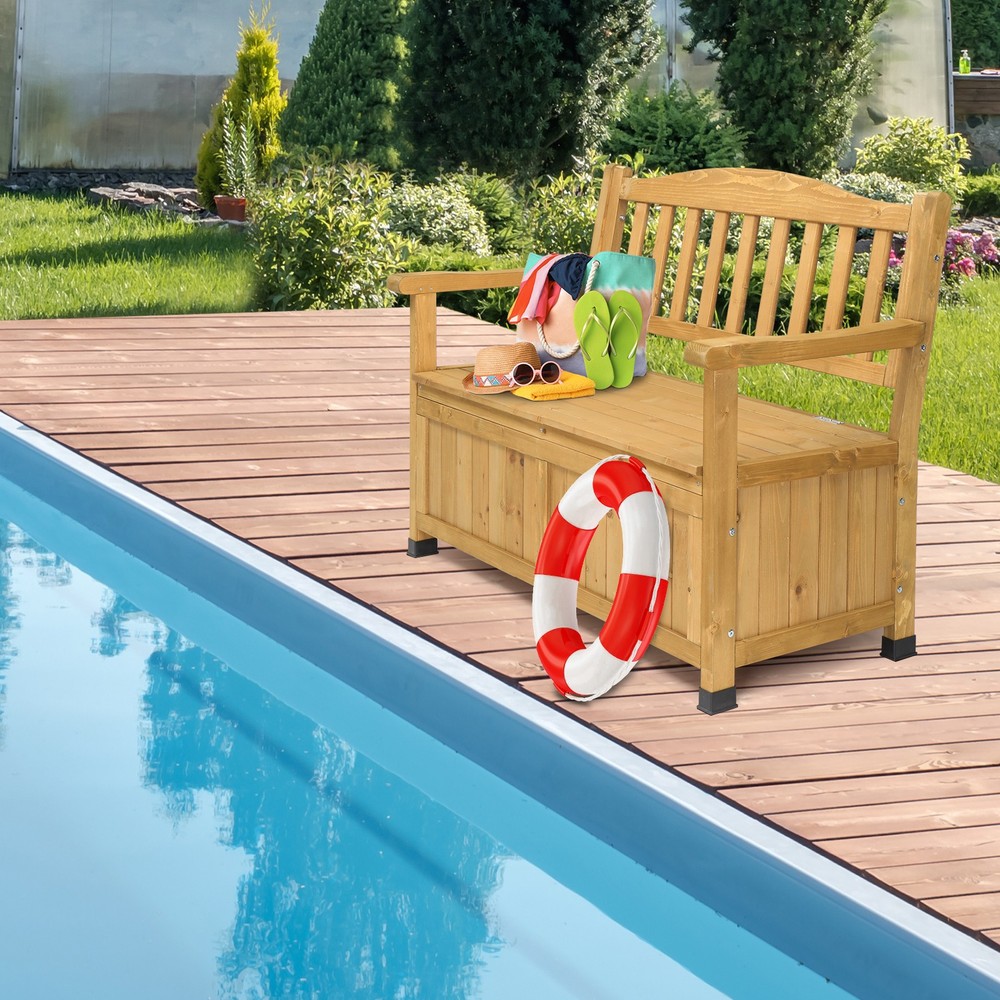 Yard Storage Bench Deck Box Wood Seating Container Tools Toys with Backrest