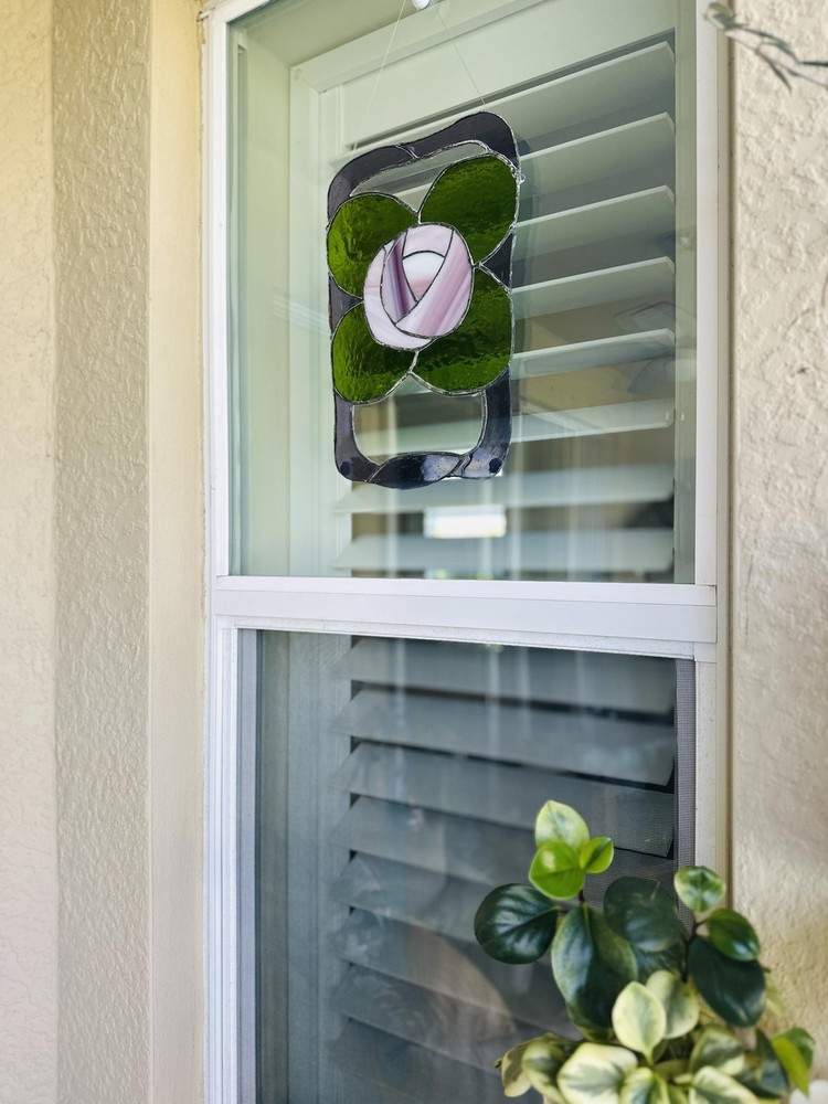 Stained Glass Rose & Leaf Suncatcher Window Panel