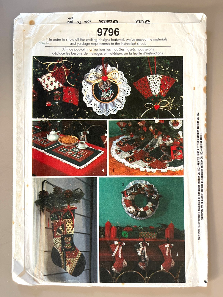 1990's Simplicity Christmas Accessories,Decorations Pattern 9796 UNCUT