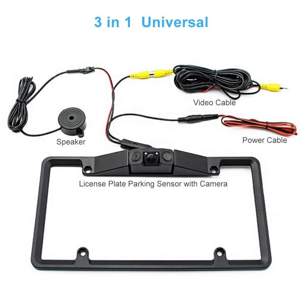 3-in-1 License Plate Frame with Parking Sensor & Backup Camera System