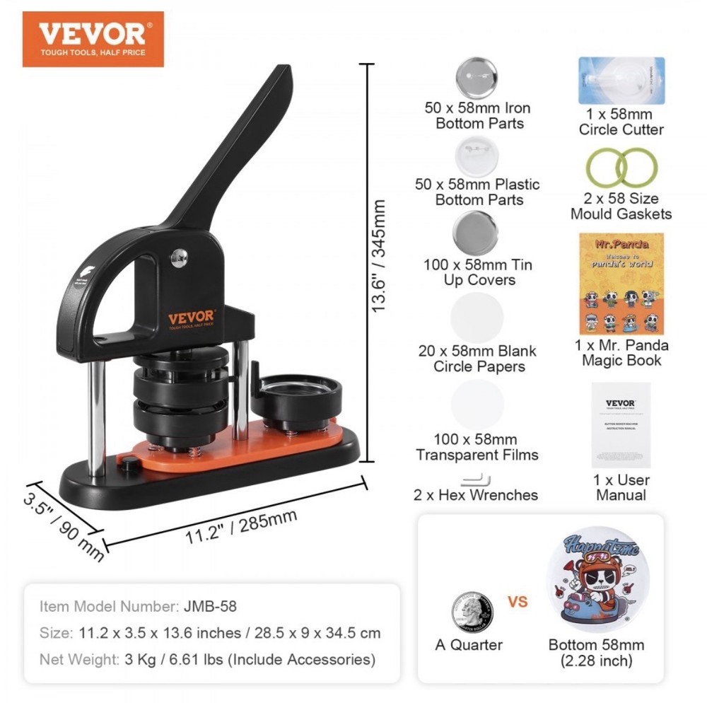 VEVOR Button Maker Machine Pin Badge Maker 2.28" 100 Button Parts+Circle Cutter