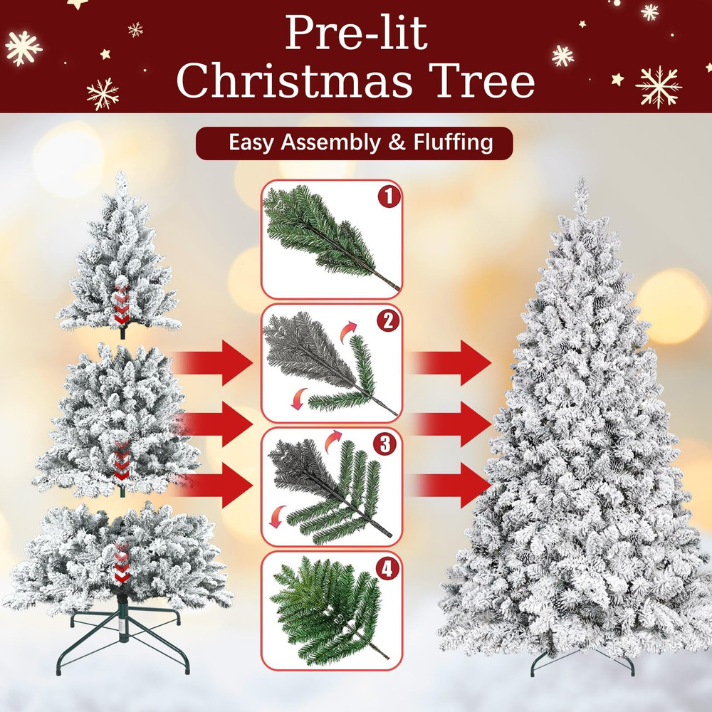 7 ft Snow Flocked Artificial Full Christmas Tree Pine Tree with 1124 Branch Tips