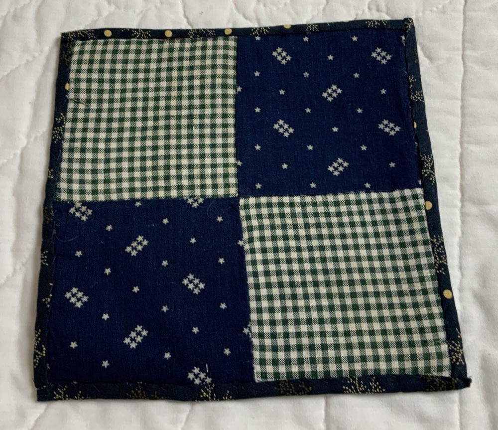 Vintage Patchwork Quilt Table Topper, Early Calicos, Four Patch, Navy, Green