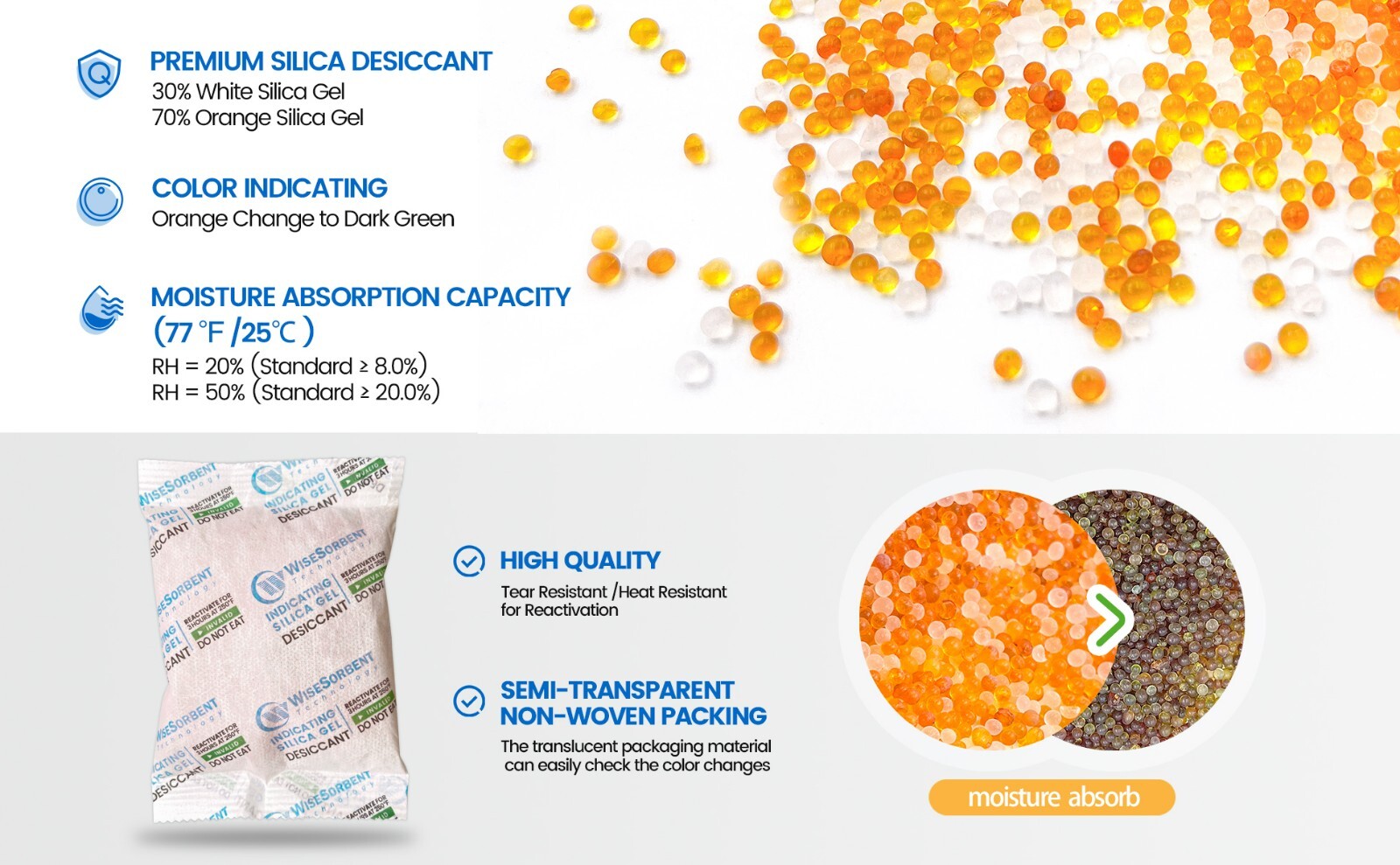 100 Gram Desiccant Pack, Indicating Silica Gel Packet,Gun Safe Moisture Absorber