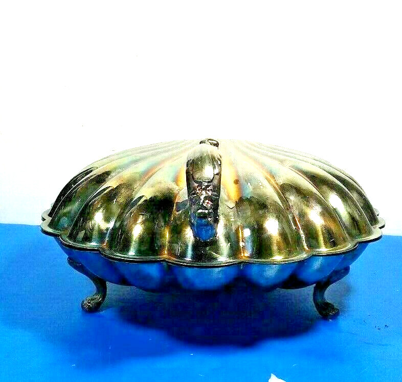THE SHEFFIELD SILVER COMPANY CLAM SHELL HINGED FOOTED BUFFET SERVING DISH - U