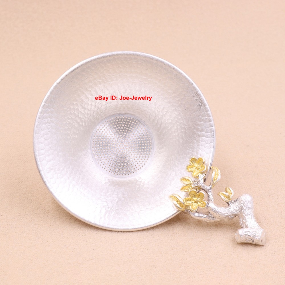 Solid 999 Fine Silver Tea Strainer Plum Blossom Handle Infuser for Leaf Tea