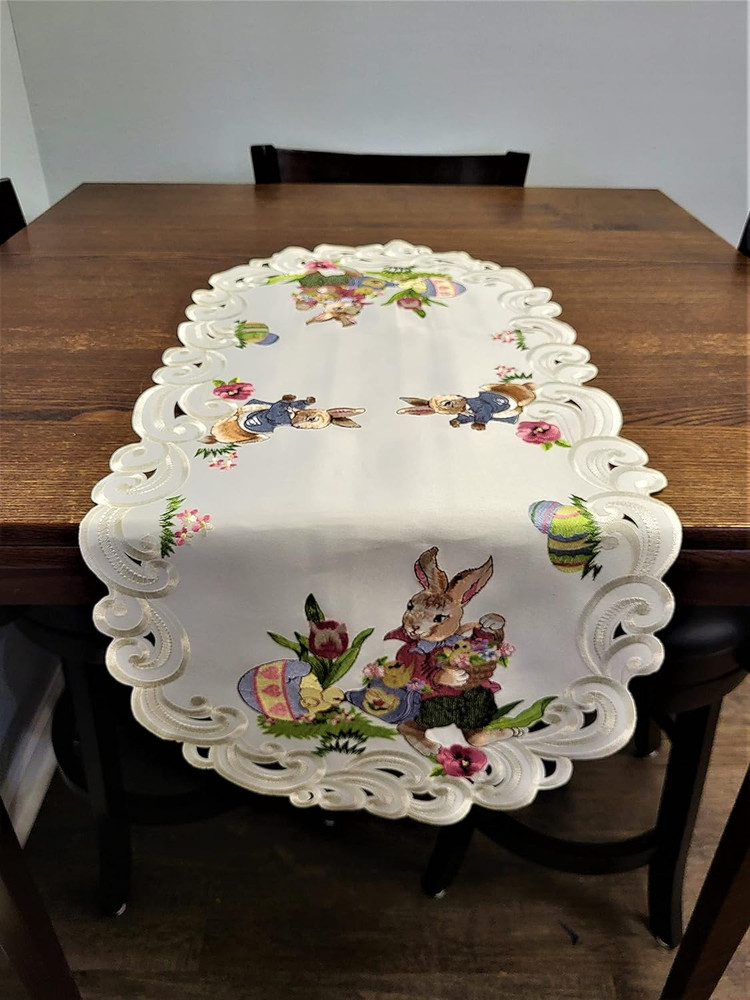 Easter Table Runner with Easter Bunny and Eggs on Ivory Material Size 34 X 15 In