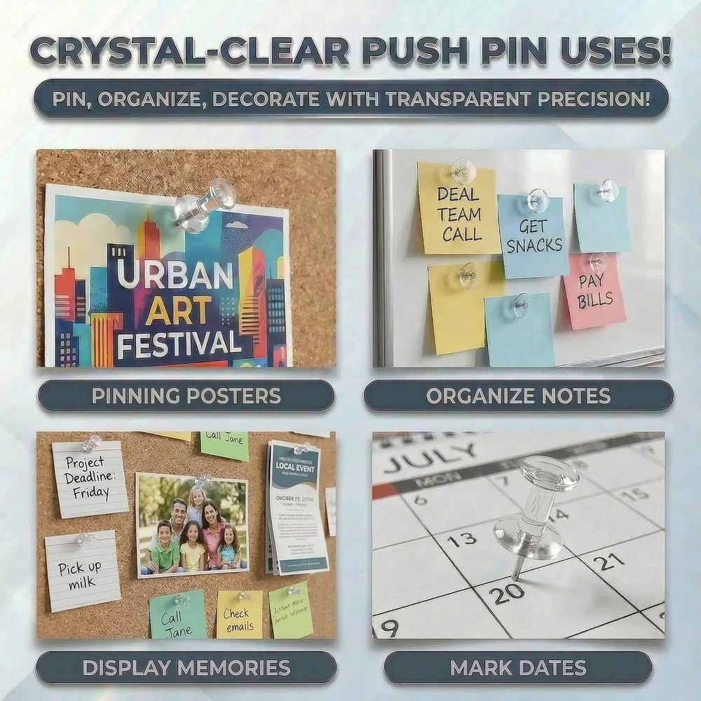 200 Pack Clear Push Pins and Thumb Tacks Combo - Flat Head Transparent