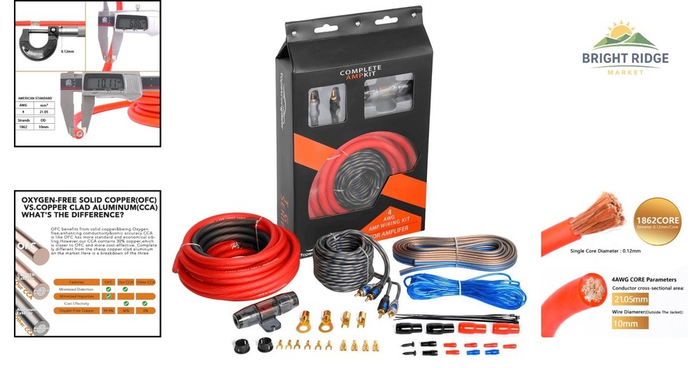 4ga Amp Kit for Car Audio, Includes Power, Ground, and RCA Cables