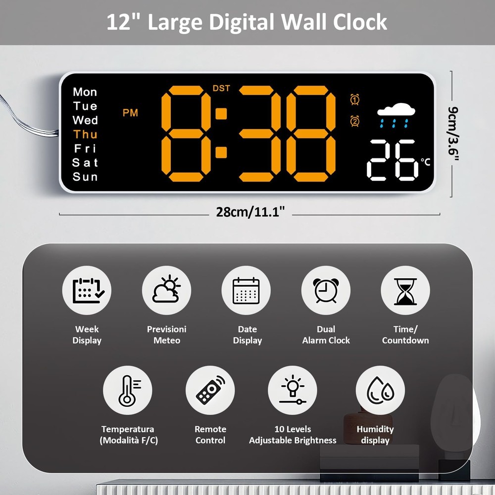 Digital Wall Clock, 12" Digital Clock with Remote Control, Date, Week, Temp, ...