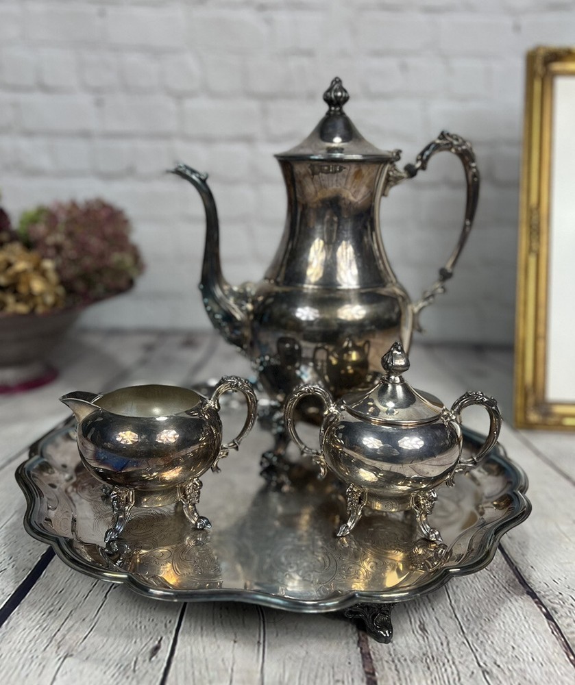 Vtg Sheridan Silver Co. Silver on Copper 4 Piece Silver Plated Tea Set
