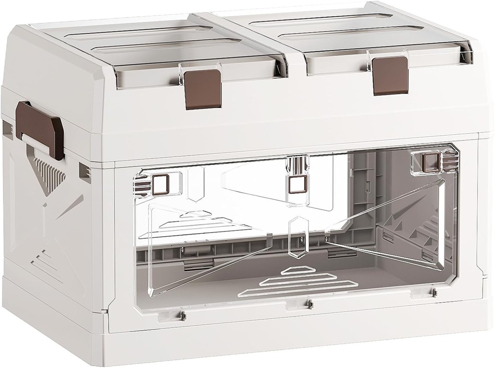 3-Pack Clear Stackable Storage Bins W/ Lids Magnetic Doors Open Front Foldable