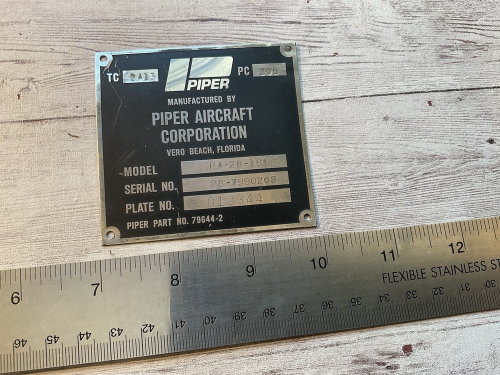 ORIGINAL VINTAGE PIPER AIRCRAFT DATA NAME PLATE