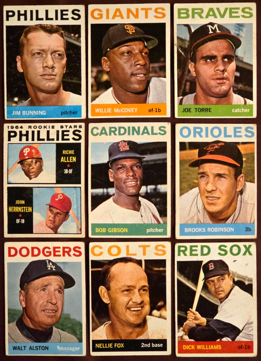 1964 Topps HOF Lot (9) Gibson Allen RC BRob McCovey Torre Bunning Fox MORE! L/M