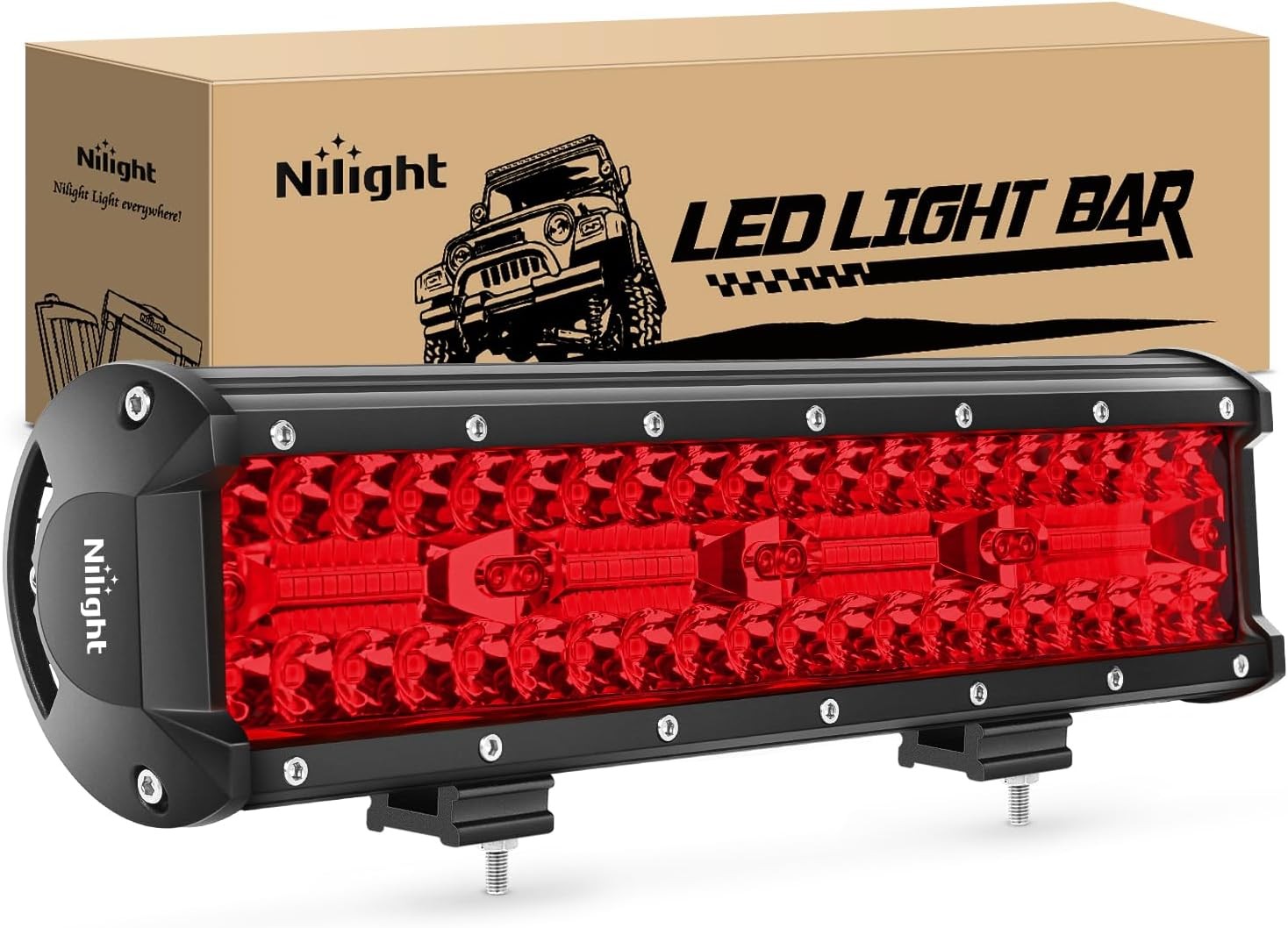 Nilight LED Light Bar 12 Inch 240W Red Pod Lights Triple Row Spot Flood Combo
