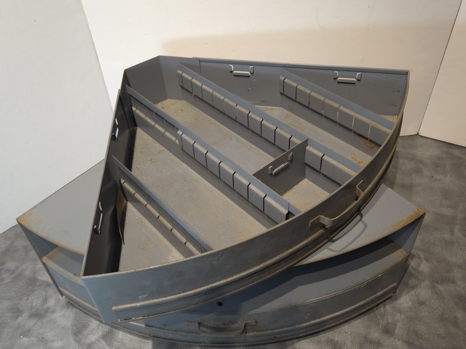 Vintage Industrial Metal Pie Shaped Corner Hardware Parts Bin 3 Drawer Cabinet