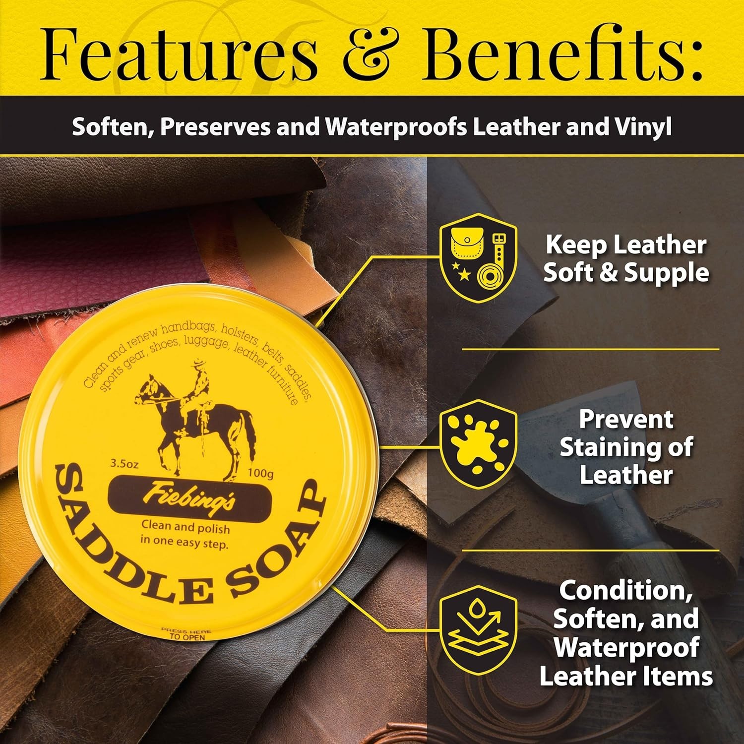Yellow Saddle Soap for Leather (3.5 oz Tin) - Leather Cleaner & Conditioner to S
